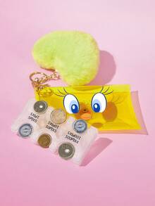 LOONEY TUNES X SHEIN 1个透明PVC卡通印花零钱包，配有硬币夹，饰有毛球图案，带有挂钩，可存放硬币、卡片、口红和其他小物件，适合男女学生使用，图案为崔弟鸟 - 黃色 - 查看 3