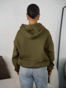 SAYEHFBABY 夏季女装简约休闲纯色套头连帽长袖卫衣，无抽绳，宽松版型，适合秋冬季穿着 - 軍綠色 - 查看 2