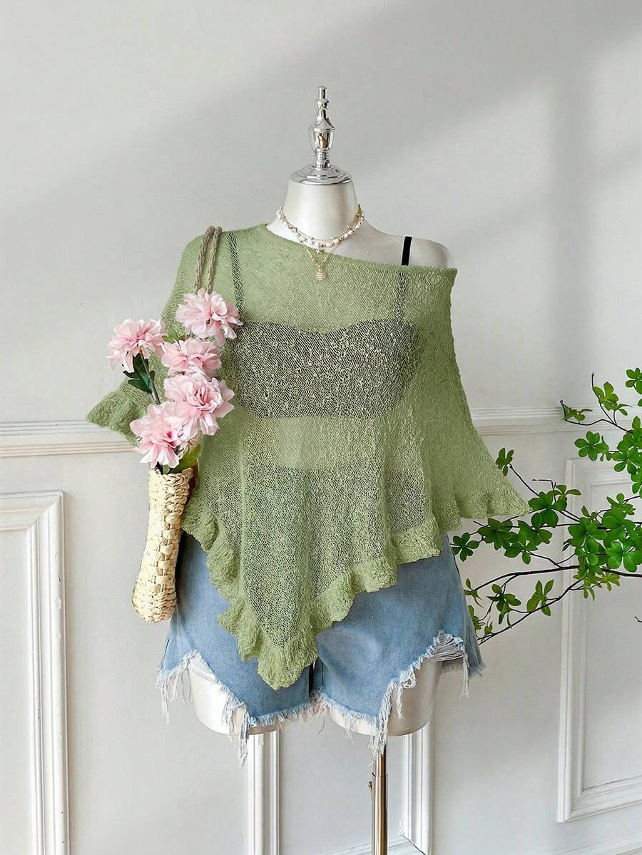 SHEIN EZwear 大码女式橄榄绿钩针编织披肩,荷叶边下摆,休闲半透明,适合外出和约会 - 橄欖綠 - 查看 1