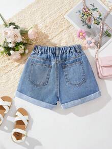 SHEIN Quần short jean denim dáng suông, họa tiết nơ thêu, có túi, gấu quần xắn lên, thích hợp cho bé gái tuổi teen phong cách Y2K, mùa xuân hè, đi biển. - Rửa trung bình - Xem 2