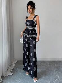 Selianne Conjunto informal de 2 piezas de top de tirantes con pliegues y estampado floral y pantalones de pierna ancha - Negro - Ver 4