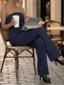 Editum 女士无肩带西装套装，灰色，适合夏季办公室穿着和休闲教师装扮 - 藏蓝色 - 查看 6