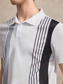 男士條紋領短袖度假拼色 Polo 衫，白色，適合高爾夫、網球，附口袋，透氣，標準版型，運動休閒學院風 - 白色 - 查看 6