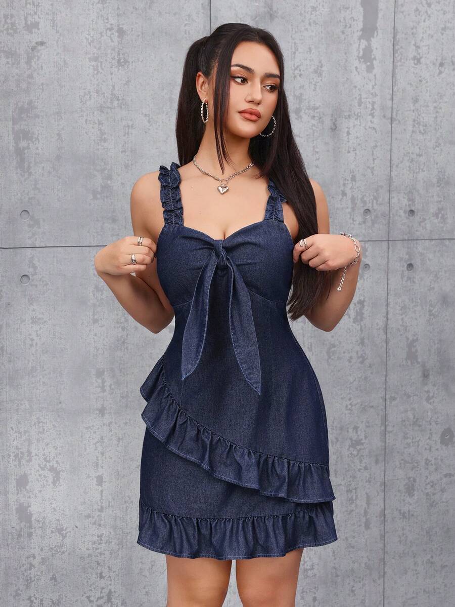 SHEIN Tall 女士打结褶皱牛仔连衣裙，时尚百搭，适合约会和派对 - 藍色 - 查看 1