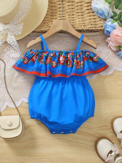 SHEIN Infant Baby Girls' Bohemian Vacation Sleeveless Off-Shoulder Ruffle Romper, Baby Yellow Bodysuit, Baby Girls' Vacation Romper, Mother-Daughter Matching, Baby Girls' Summer Bodysuit