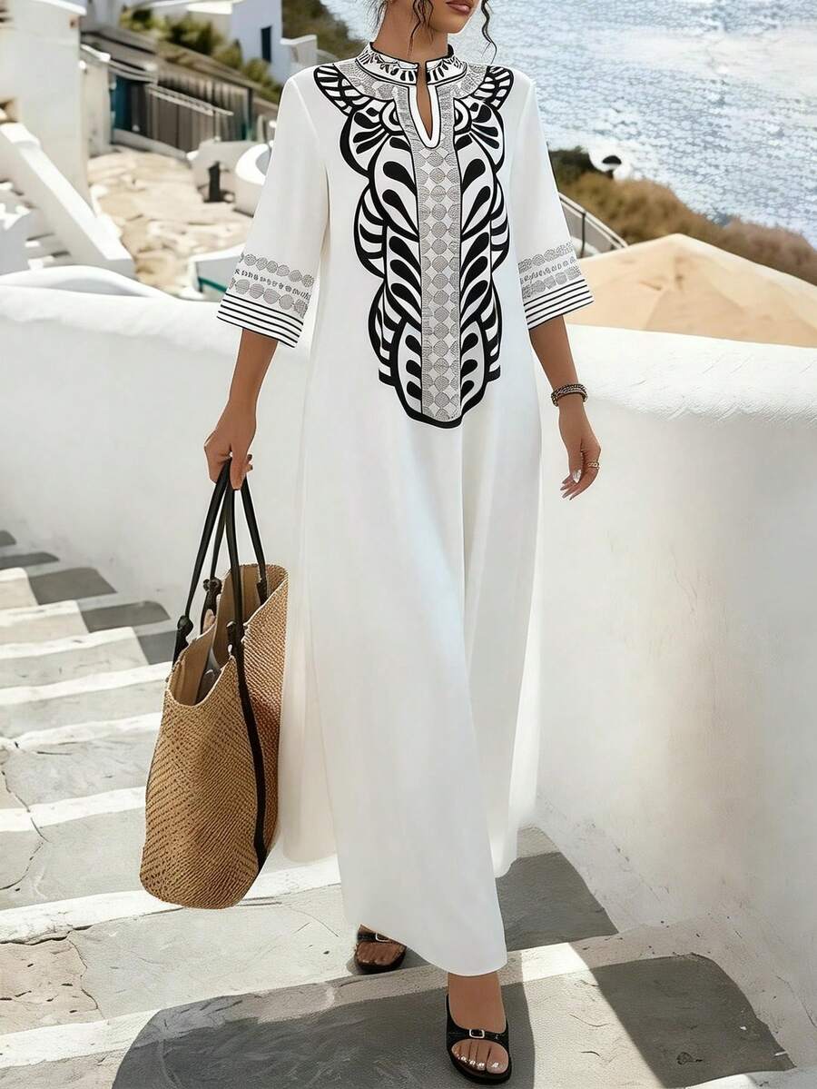 Selianne Boho White Long A Line Dress For Women Striped Pattern Notched Neckline Short Sleeve Fabric Material - White - View 1