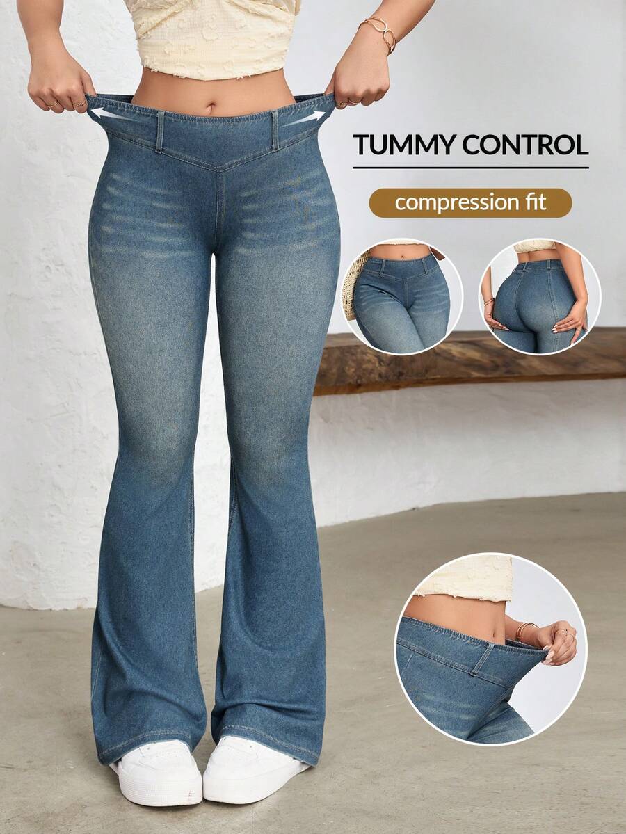 Flexra 女士休闲喇叭牛仔裤，适合日常通勤 - 中等水洗藍 - 查看 1