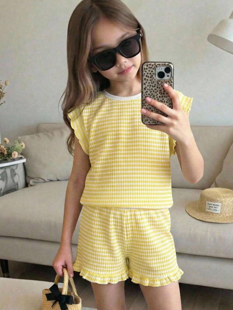 SHEIN 2件套 女童条纹圆领针织T恤和短裤 - 黃色 - 查看 1