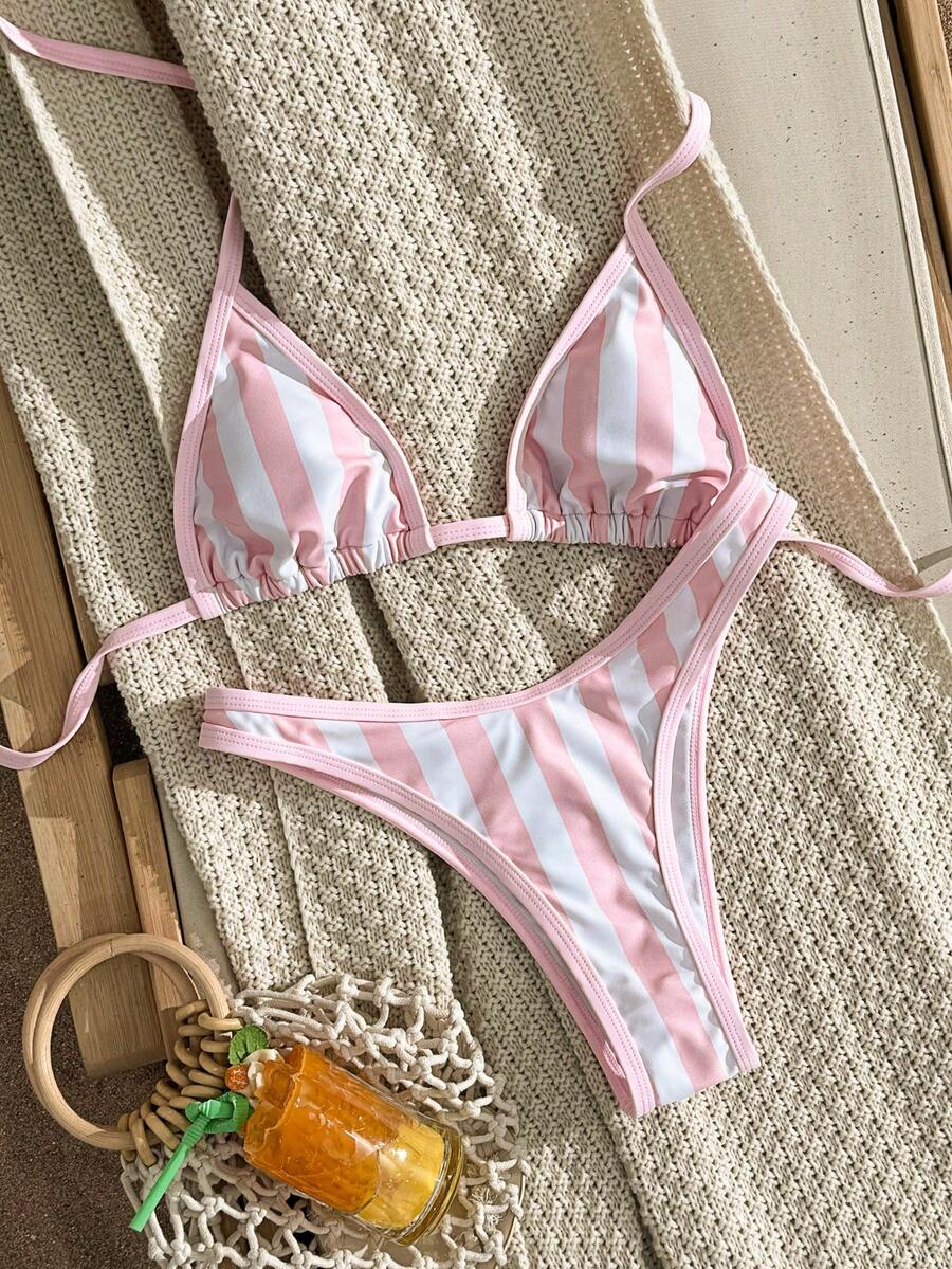 SHEIN Swim Vcay 2026新款春夏女士随机印花条纹三角比基尼套装，沙滩度假休闲装 - 彩色 - 查看 1