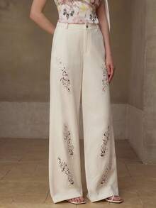 MOTF PREMIUM 女士棉质斜纹蕾丝拼接长裤，春夏款 - 白色 - 查看 4