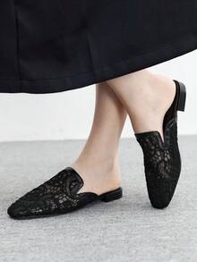 CUCCOO BIZCHIC 女士方头舒适时尚黑色蕾丝平底乐福鞋、一脚蹬穆勒鞋、百搭休闲及工作平底鞋 - 黑色 - 查看 3