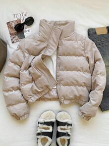 SHEIN EZwear Snap Button Corduroy Padded Coat In Fall/Winter - Khaki - View 6