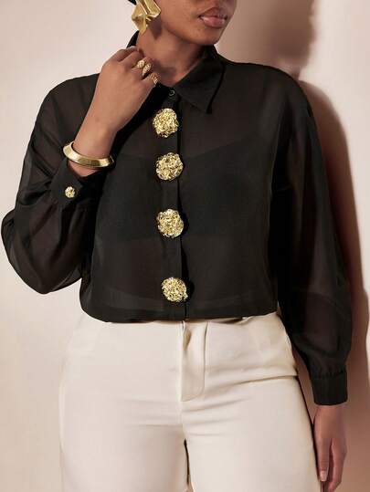 Juhart 大码女士黑色雪纺优雅都市衬衫，配大号金属装饰纽扣