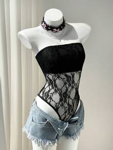 Elamini 黑色蕾丝透视露背连体衣，修身剪裁，优雅性感派对装，复古时尚，适合海滩和日常穿着。 - 黑色 - 查看 4