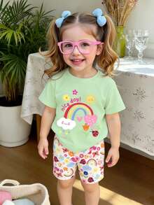 SHEIN Vintaside Kids 两件套女婴休闲时尚百搭春夏T恤套装。可爱甜美的薄荷绿上衣，饰以彩虹、爱心和花卉印花，灵感源自多巴胺的缤纷花朵设计。春夏装扮，轻松舒适，时尚女童套装，休闲服饰，儿童花卉图案服装，新款，清爽休闲，春日气息，夏日假期女婴套装，女婴夏季服装套装，女婴每日穿搭 - 彩色 - 查看 2