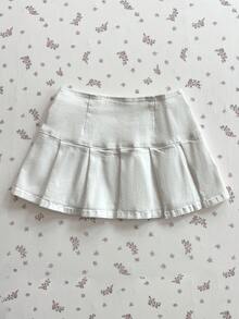 Elamini 时尚宽腰褶皱水洗百搭牛仔迷你裙 - 白色 - 查看 2