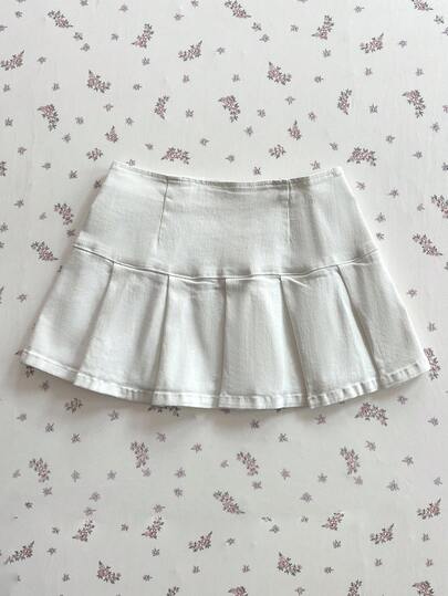 Elamini Chân váy mini denim xếp ly cạp rộng thời trang, chất liệu denim mài, đa năng.