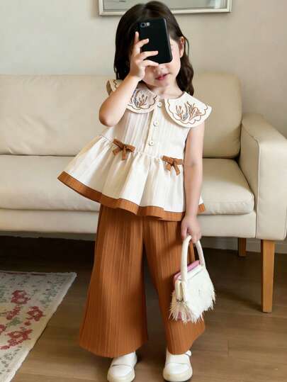 SHEIN 两件套女婴休闲花卉刺绣翻领无袖上衣和裤子套装，适合春夏季节、户外旅行和日常穿着。