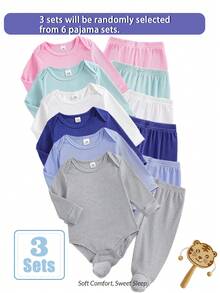 [3 Sets] Recién nacido unicolor Casual Cómodo Mono de manga larga y pantalones Conjunto de pijama de 2 piezas, adecuado para todas las estaciones - Multicolor - Ver 8