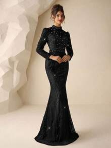 Coutiva 优雅高领亮片刺绣珍珠水钻设计，长袖鱼尾裙摆正式晚礼服，专为婚礼宾客、舞会礼服、晚宴礼服而设计。 - 黑色 - 查看 6