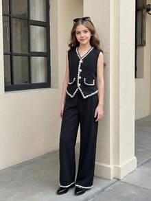 Sparklyn Bộ 2 áo hai dây thanh lịch và quần ống rộng cho bé gái tuổi teen, trang phục đi làm, xuân/thu - màu đen - Xem 1