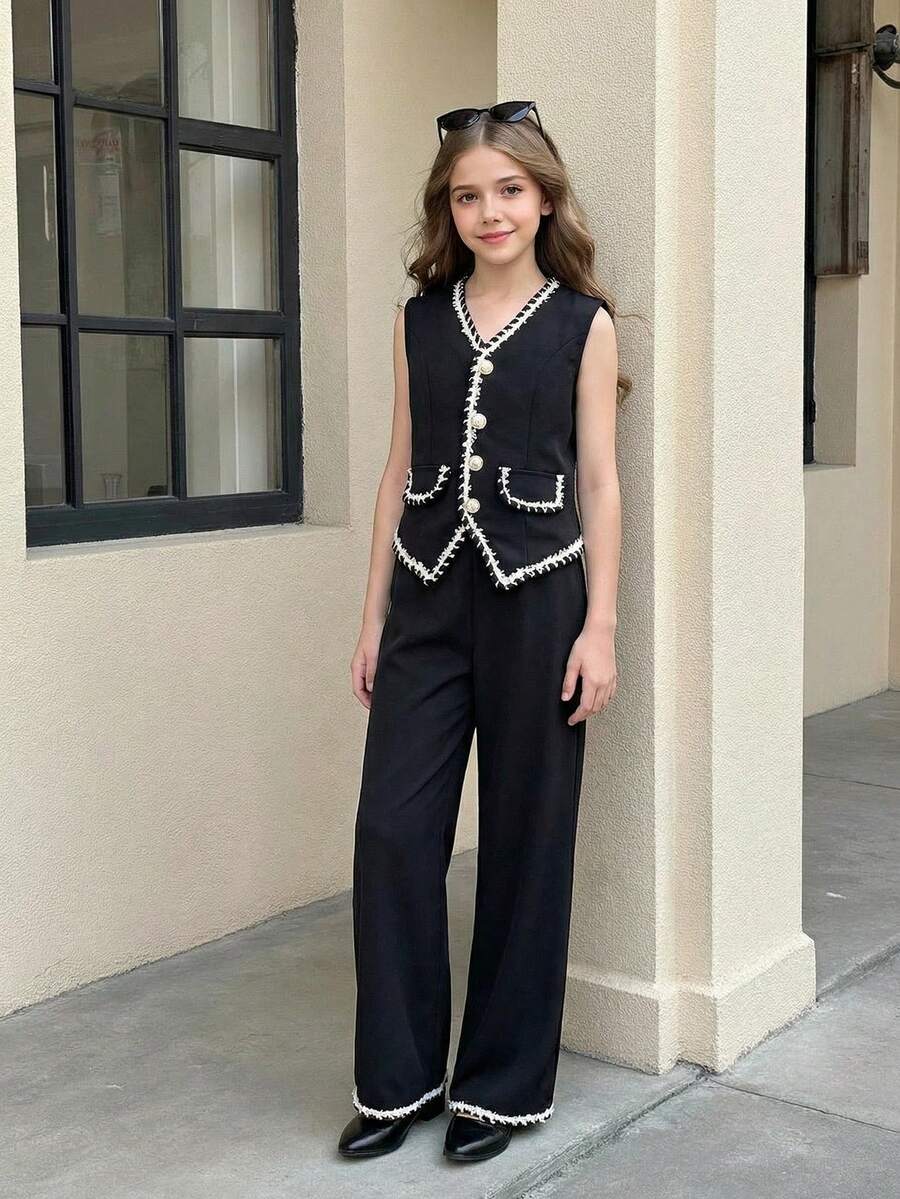 Sparklyn Bộ 2 áo hai dây thanh lịch và quần ống rộng cho bé gái tuổi teen, trang phục đi làm, xuân/thu - màu đen - Xem 1