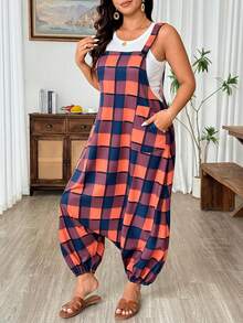 SHEIN LUNE CURVE Bộ áo liền quần dệt kim dáng rộng, thoải mái, có túi dành cho nữ, thích hợp cho kỳ nghỉ, có họa tiết kẻ caro. - trái cam - Xem 4
