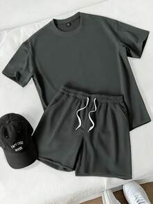 Manfinity Hypemode Bộ đồ nam thường ngày đơn giản, màu trơn, tay rớt, gồm áo thun và quần short, thích hợp đi làm, mùa hè. - Màu Xám nhạt - Xem 3