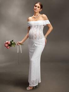 Cheriluna Maternity Maternity Off-Shoulder Lace Fitted Fishtail Hem Dress For Photoshoot - White - View 6