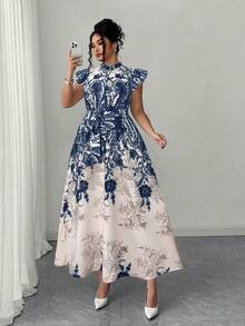 Elenzga 大码女士度假荷叶边V领长裙，优雅性感廓形，适合各种身材，适合度假、花园派对、约会、朋友聚会、休闲场合、海滩度假、公园野餐、通勤、购物、拍照——舒适面料，独特设计，超值女士夏季连衣裙，印花中长连衣裙，女士花园派对连衣裙，女士优雅经典蓝白休闲连衣裙，菲律宾风情 - 藏蓝色 - 查看 6