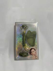 天然玉石滚轮刮痧套装，玫瑰石英面部按摩器，女士护肤工具，SPA 自我护理美容设备，面部按摩工具套装 - 綠色 - 查看 5