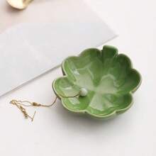 1Pc Nordic Style Ceramic Jewelry Tray, Floral & Clover Leaf Design, Tabletop Organizer For Cosmetics & Accessories, Ideal Gift For Women 2. - Green - View 3