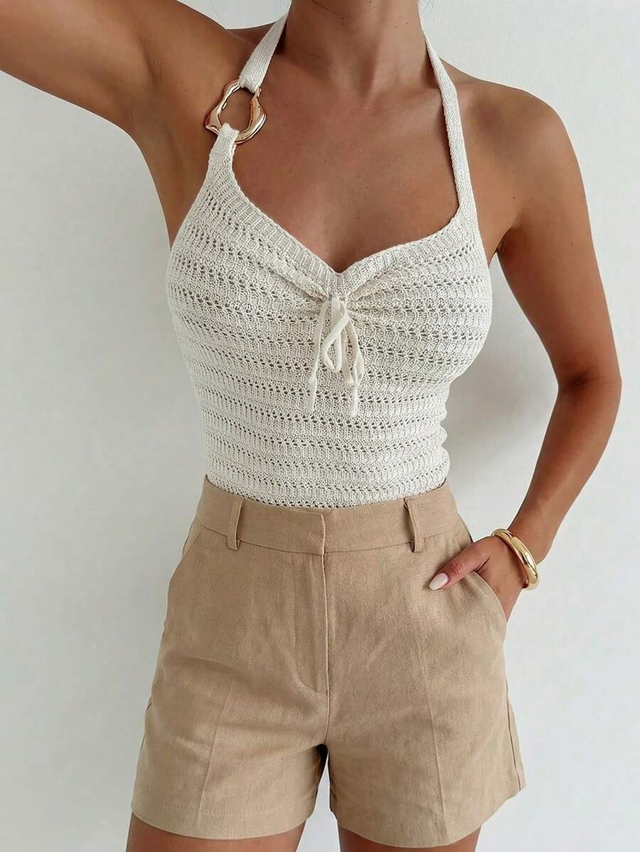 Firerie Women's Halter Neck Hollow Out Knit Top, Summer