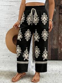 SHEIN VCAY Plus Size Geometric Print Drawstring Waist Pants, Suitable For Vacation - Multicolor - View 6