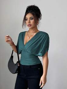 Elenzga 女士春夏网眼弹力针织内衬优雅度假沙滩装，通勤休闲法式浪漫交叉褶皱，肩部袖口收褶，腰部抽褶，可调节下摆荷叶边T恤上衣 - 水鴨藍 - 查看 5