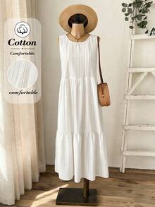 Rusticease 女士休闲条纹荷叶边圆领无袖连衣裙 - 白色 - 查看 4