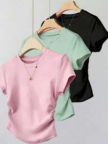 Resyla Bộ 3 áo nữ cỡ lớn mùa hè mới, thiết kế ôm eo, màu hồng, xanh lá cây nhạt, đen, phong cách thể thao thường ngày, mùa tựu trường, áo thun nữ ôm eo. - Hồng - Xem 1