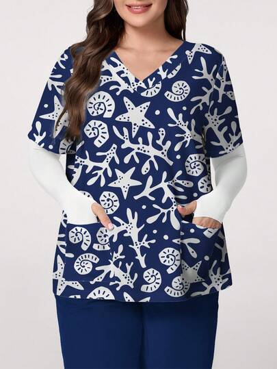 PopScrub Áo đồng phục y tá cỡ lớn in hình hoạt hình san hô, vỏ sò, sao biển, cổ chữ V, tay ngắn, có túi, quai đeo tai, thiết kế xẻ tà, thích hợp cho mùa xuân/hè, màu xanh hải quân.
