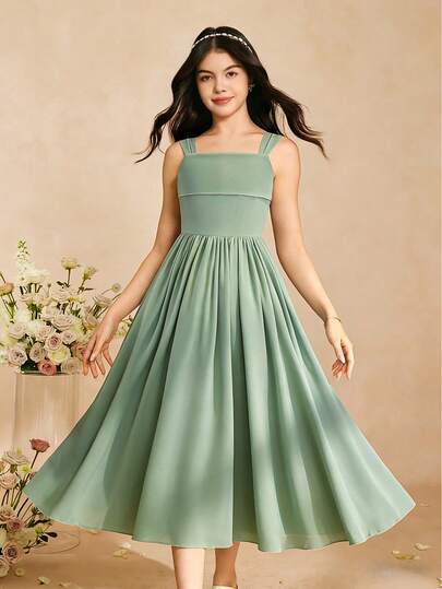 Girls' Mint Green Chiffon Maxi Dress, 2026 Summer New Vacation Outfit, Elegant Luxury Flowing Dress For Teenage Girls