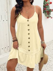EMERY ROSE Women's Plus Size White Summer Boho Beach Holiday V-Neck Sleeveless Spaghetti Strap Front Button Textured Camisole Dress,Flounce Ruffle Hem Outfit - Pale Yellow - View 8