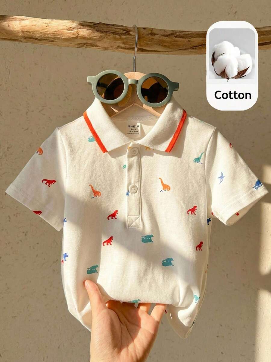 SHEIN LMoss Kids 男宝宝夏季休闲可爱恐龙图案撞色针织短袖polo衫,适合生日派对、晚宴、演出、婚礼、迎婴派对、满月庆祝和周岁生日等场合。 - 彩色 - 查看 1