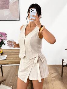 Lounesse Plus Size Women 2-Piece Set: Solid Color Single-Breasted Vest And Asymmetric Hem Skorts, Casual - Apricot - View 8