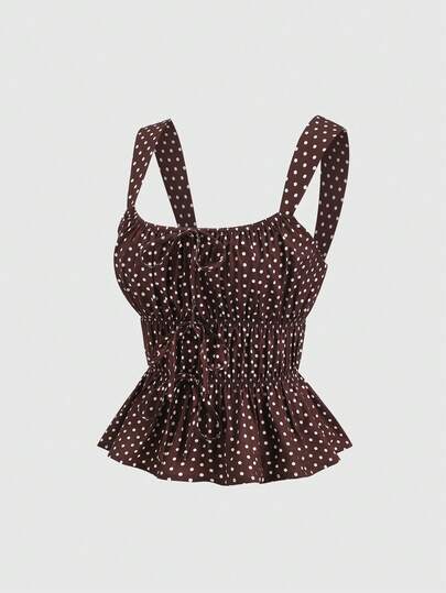 Sweetra ملابس علوية نسائية جديدة بطبعة نقاط وكشكشة في الذيل، ملابس علوية أنيقة بني للعطلات والشاطئ والصيف العادي والحفلات الربيعية والاستخدام اليومي