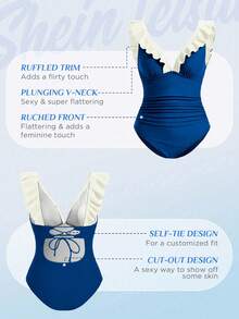 Swim Vcay Traje de baño de una pieza de moda sexy con volantes y unicolor para mujer - Agua verde azul - Ver 7