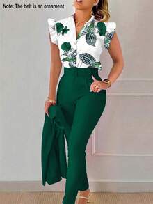 EMERY ROSE Women's Floral Print Cap Sleeve Shirt And Pants Elegant 2-Piece Set (Belt Is Decorative) - Dark Green - View 3