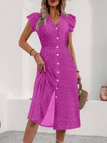 EMERY ROSE 女士时尚V领系带腰身开衩下摆夏季度假连衣裙，新年服装，长款度假沙滩装 - 紫色 - 查看 6