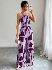 Elenzga Mono de mujer con cintura ceñida y estampado de tela, elegante para vacaciones y uso diario - Morado - Ver 3