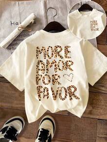 SHEIN LUNE Áo thun tay ngắn cổ tròn in chữ và da báo cỡ lớn - Màu be - Xem 1