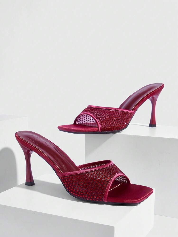 CUCCOO SZL Women's Shoes Fashion Versatile Burgundy Mesh Hot Diamond High Heel Sandals