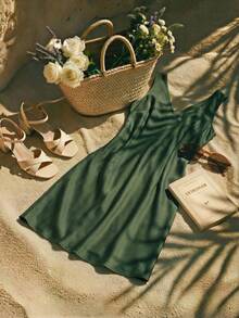 Trelyra 法式优雅缎面V领无袖收腰连衣裙 - 綠色 - 查看 2